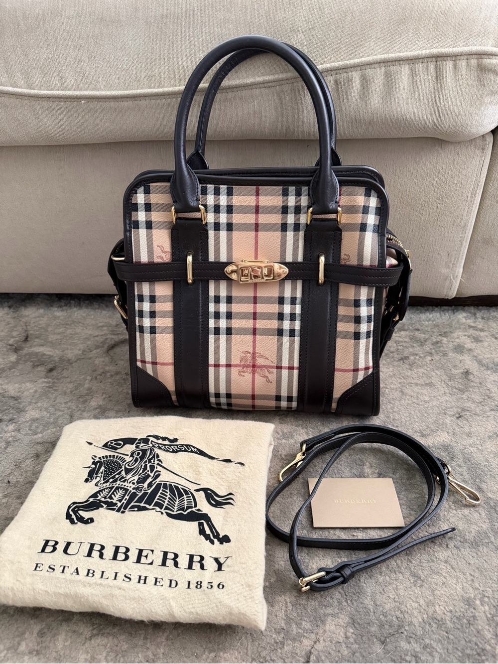 Burberry Small Check Satchel in Classic Haymarket with Black Trim shoulder bag